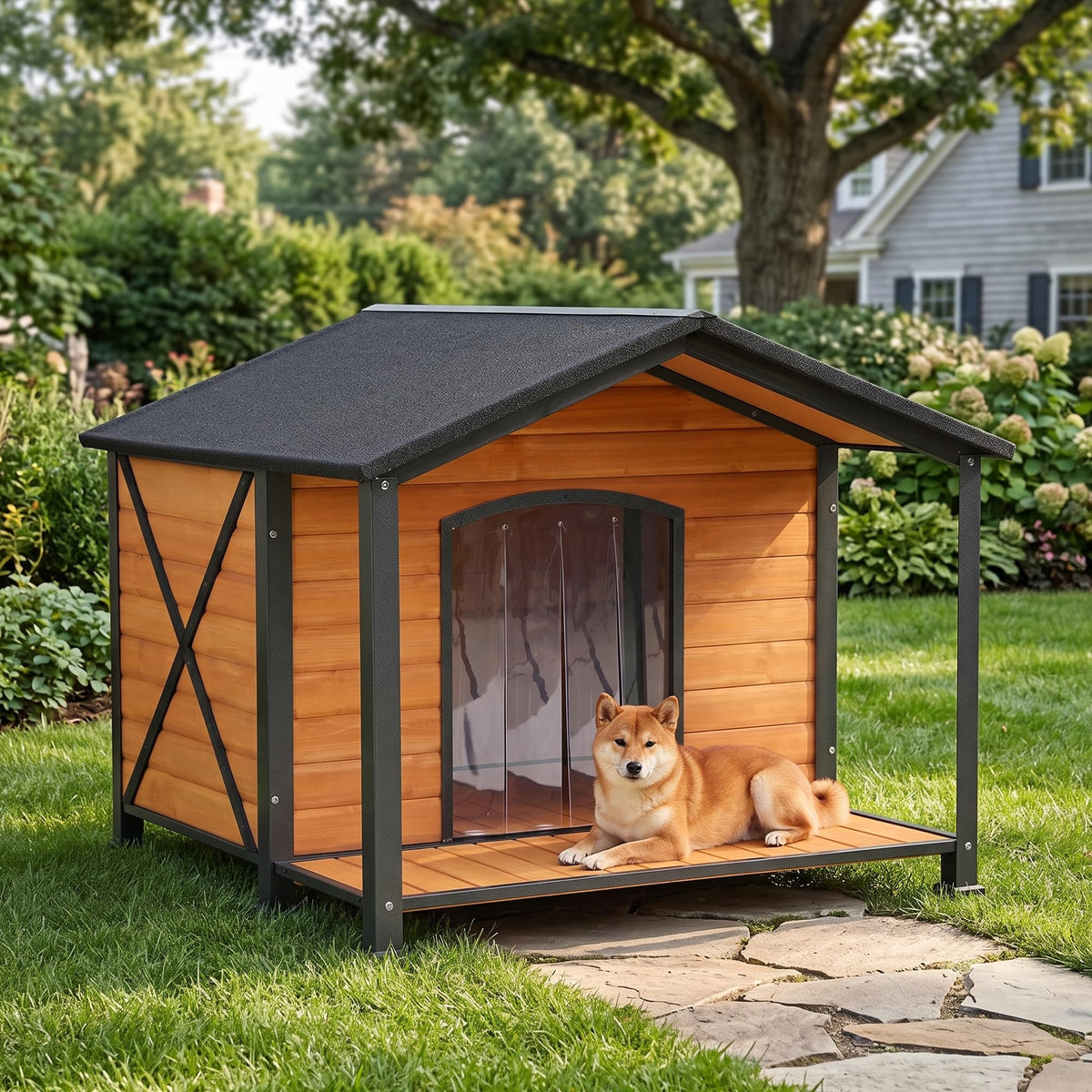 Extra Large Heated Dog House Outdoor with Full Iron Frame and Covered Porch