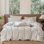 MooMee Striped Duvet Cover Set 100% Washed Cotton Linen Like Queen