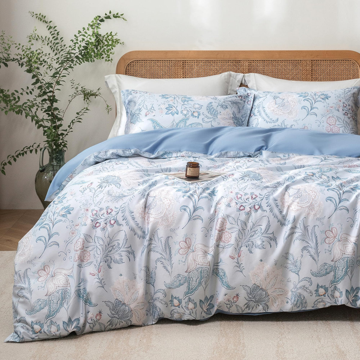 MILDLY White Floral Green Leaves Luxury Duvet Cover Set 3pcs King