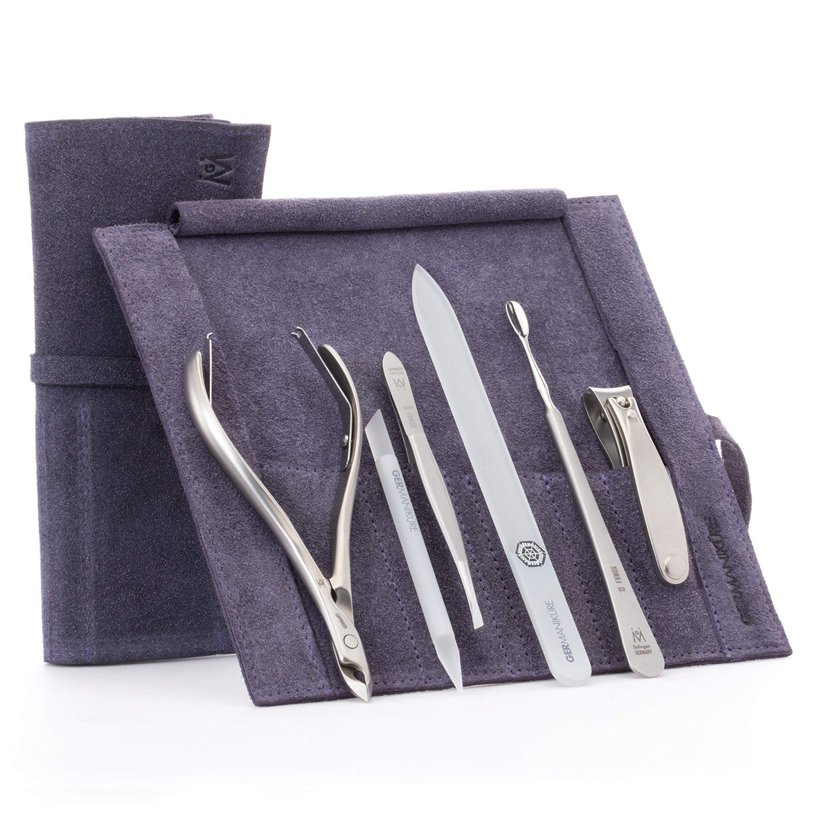 GERMANIKURE 7pc Manicure & Pedicure Set, FINOX Steel, Purple Leather Roll