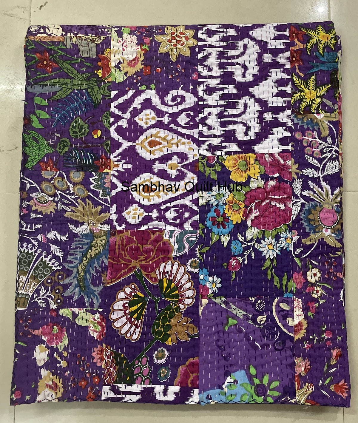 Traditional Handblock Print Multi Floral Assorted Cotton Patchwork Kantha Quilt Home Decorative Handmade Patch Quilted King Size Bohemian Bedding Throw Blanket Vintage Quilt (Yellow, 108X108 inches)