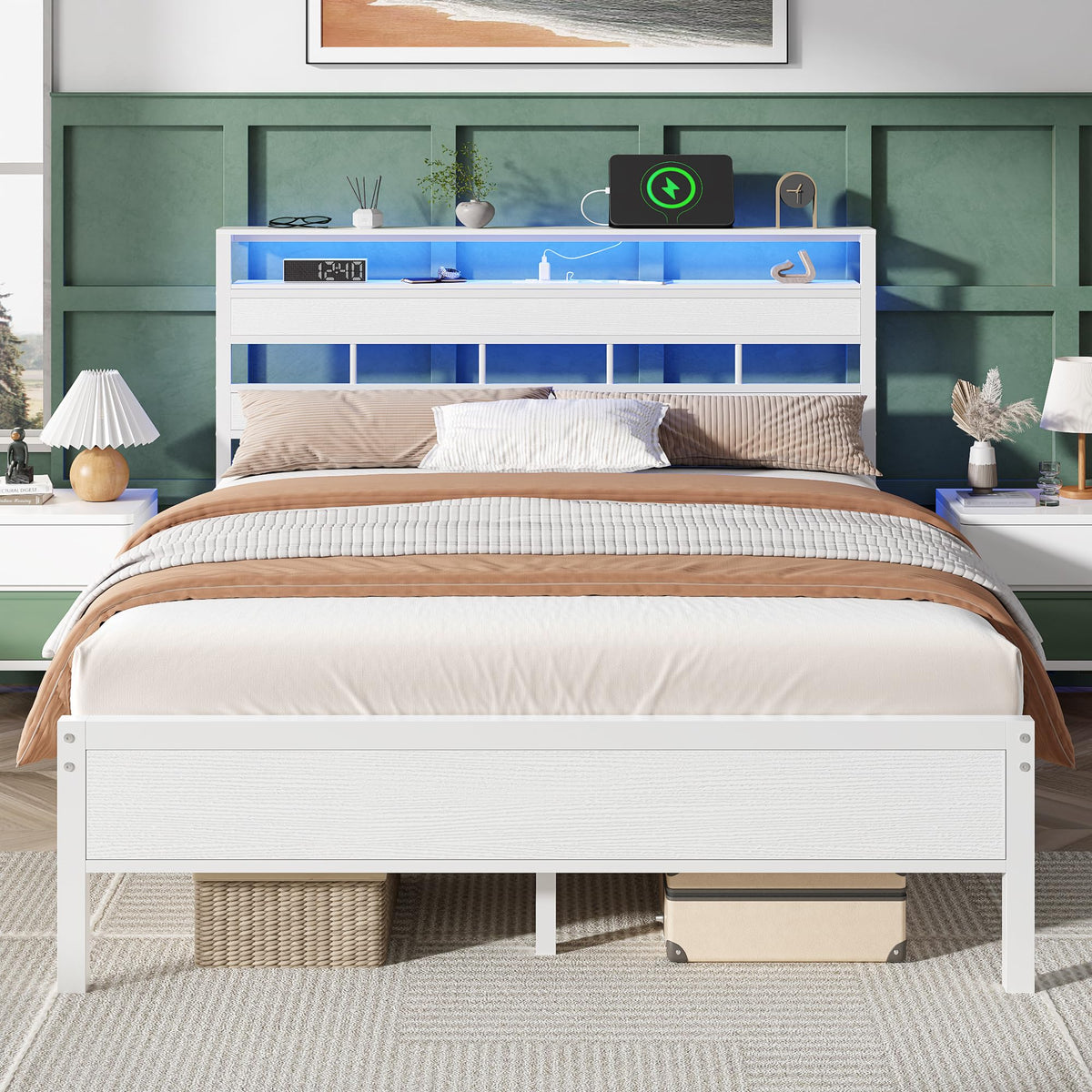 Furnulem Full Size Bed Frame, Storage Headboard, LED & Charger, Black Oak