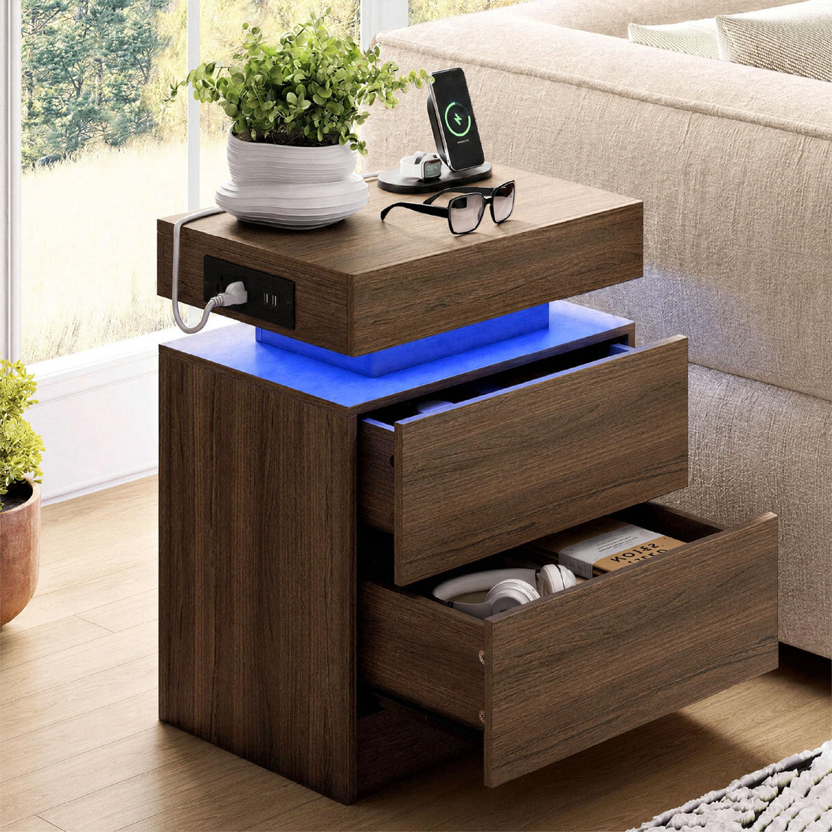 LIKIMIO Nightstand with Charging Station LED Light and 2 Drawers Black