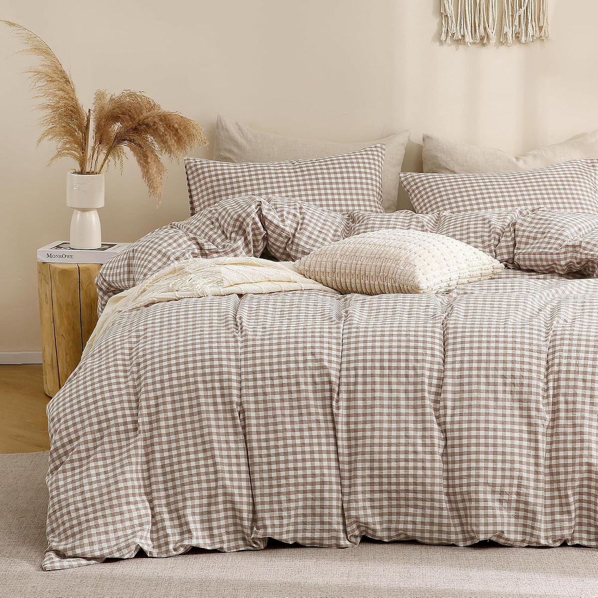 TOCOMOA Tan Gingham Duvet Cover Set Washed Cotton Like Linen, Cal King