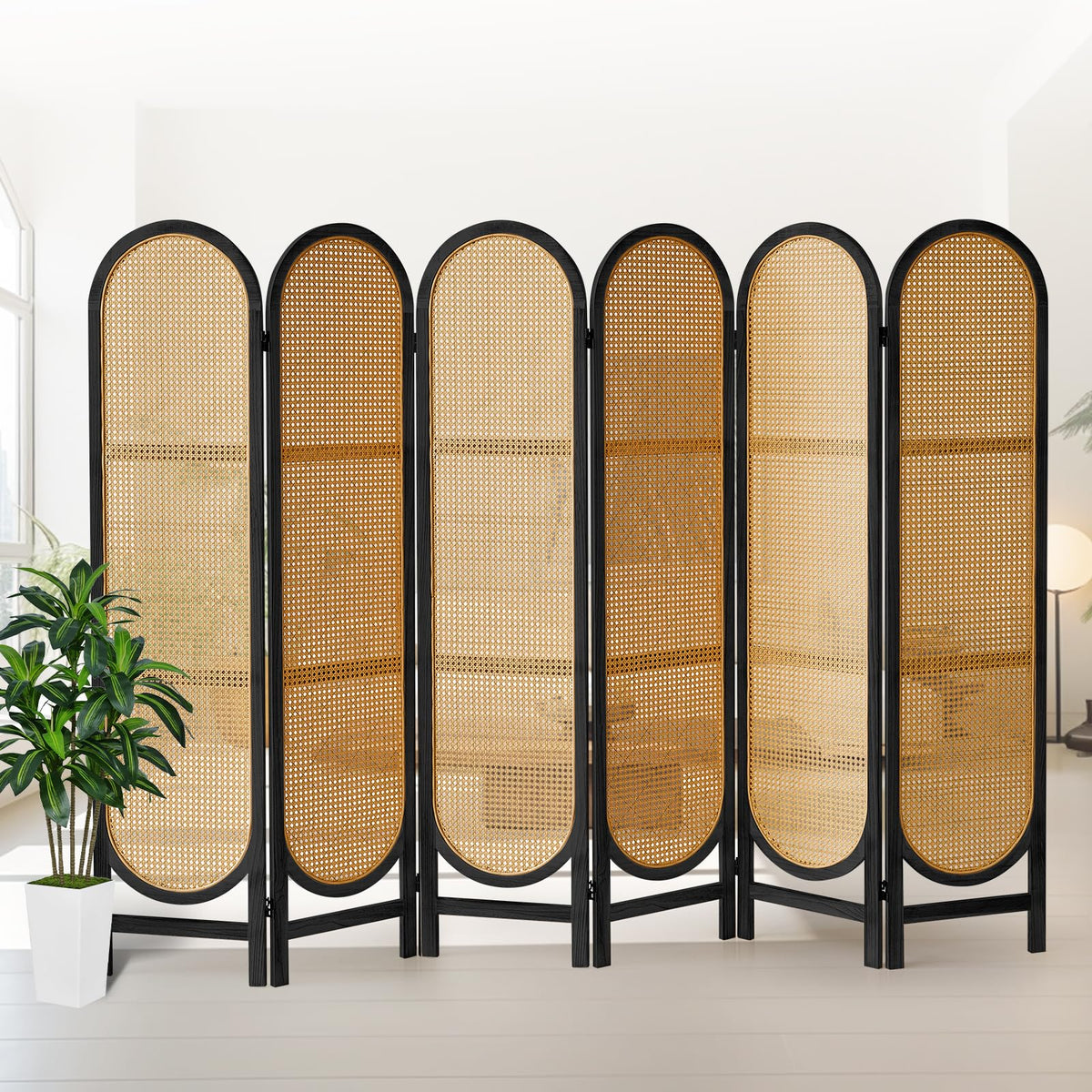 4 Panel Rattan Room Divider, Folding Room Divider Screen, Natural