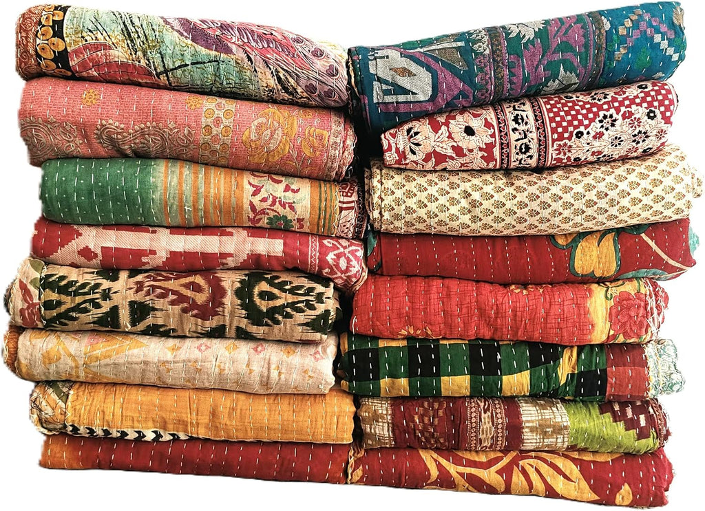 Handmade Vintage Kantha Quilt 3-Layer Cotton Blanket, Bohemian Kantha Throw, Reversible Patchwork Gudari Blanket for Bed, Couch, Sofa (54 x 84 1pices)