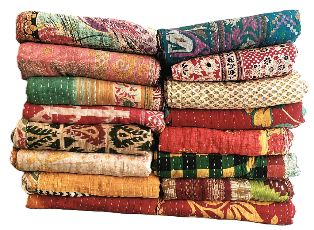 Handmade Vintage Kantha Quilt 3-Layer Cotton Blanket, Bohemian Kantha Throw, Reversible Patchwork Gudari Blanket for Bed, Couch, Sofa (54 x 84 1pices)
