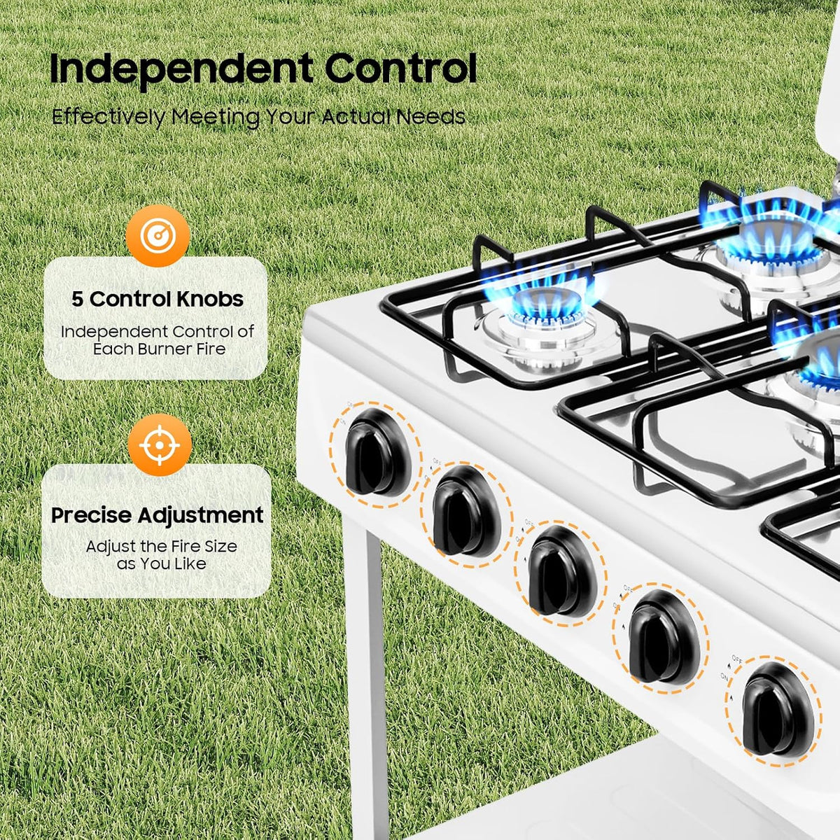 5 Burners Propane Camping Stove, 25 Inch Gas Stove, Natural Propane Stove Stand, Portable Camping BBQ Cooker with Storage Rack, 8500BTUs for Stir-frying Grilling Backyard Cooking (5 White)
