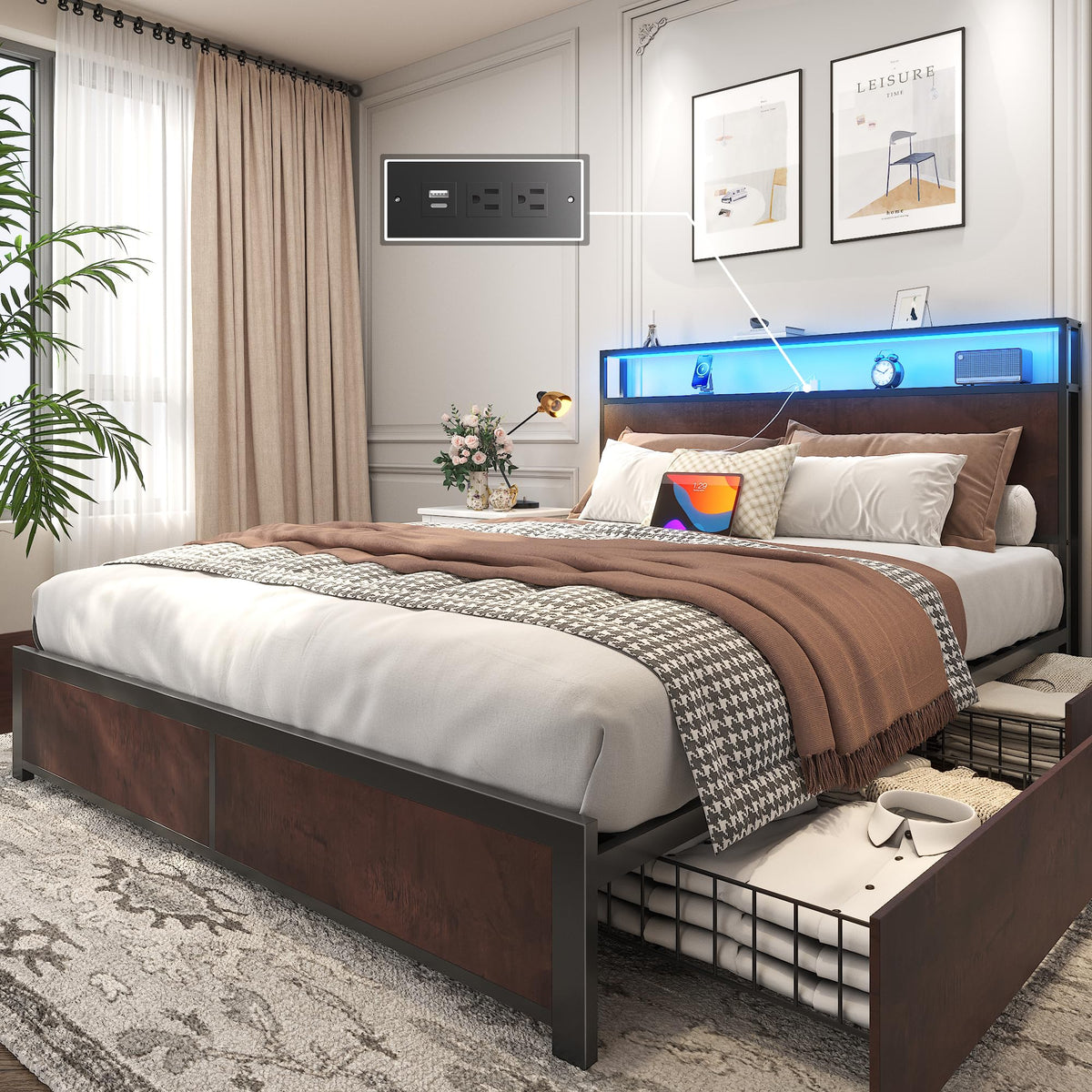 Lifezone Queen Bed Frame with 2-Tier Storage Headboard, Metal Platform Bed Frame with 4 Storage Drawers, Built in Charging Station & LED, Noise-Free/Metal Support/No Box Spring Needed, Rustic Grey