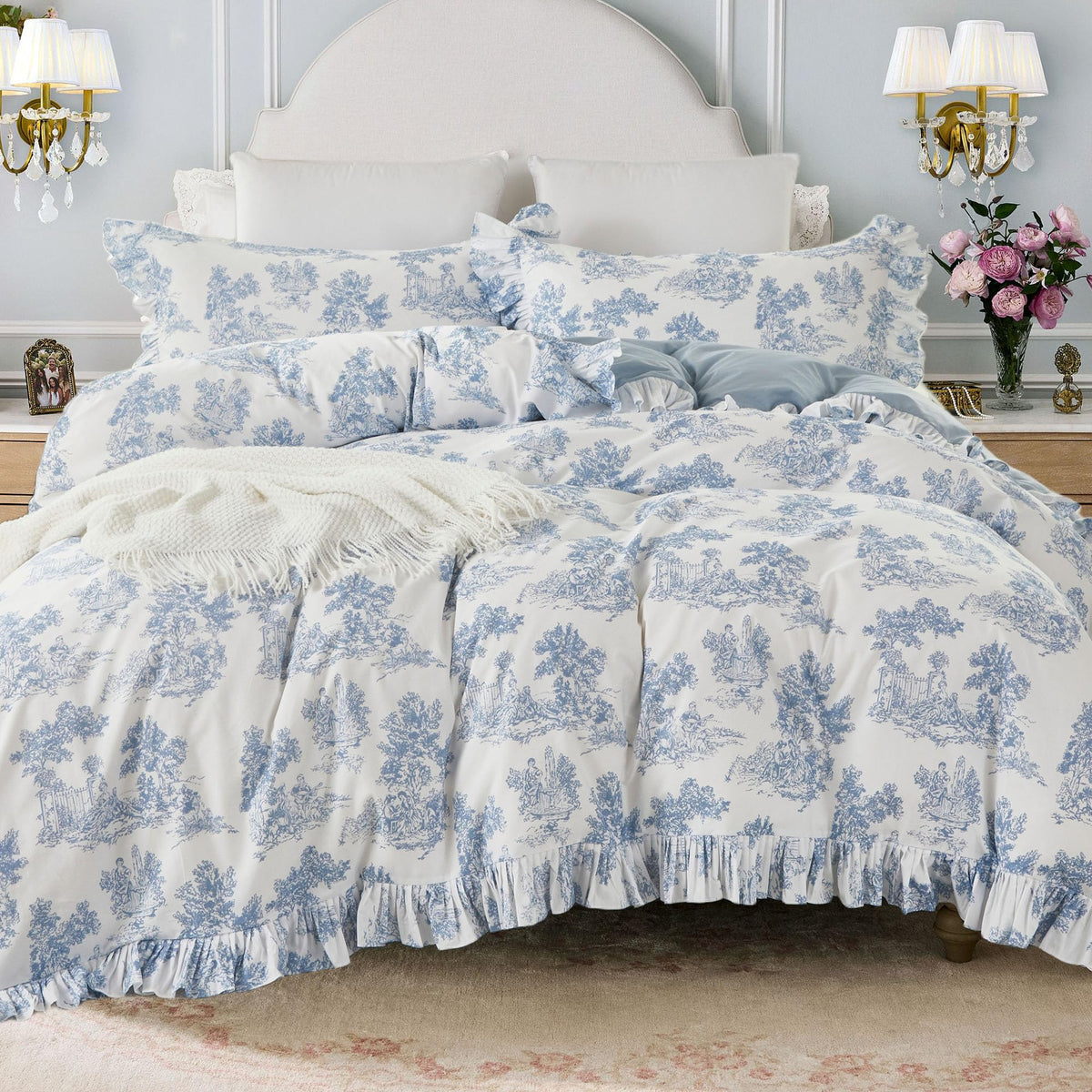 Brandream French Country Toile Queen Duvet Cover Set for Girl Women Bedroom Vintage Pink Toile Floral Print 100% Cotton Duvet Quilt Comforter Cover Pillow Shams Set with Delicate Ruffle Fringe