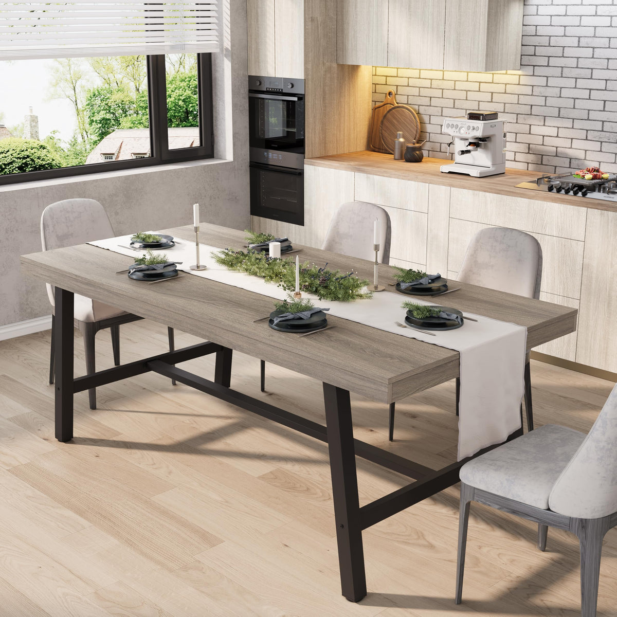 GarveeHome Industrial Dining Table for 6-8 People, 70.87" Long Large Kitchen Table with Sturdy Metal Frame, Rectangular Counter for Dinner, Kitchen, Dining Room (Grey, 71" Non-extendable)