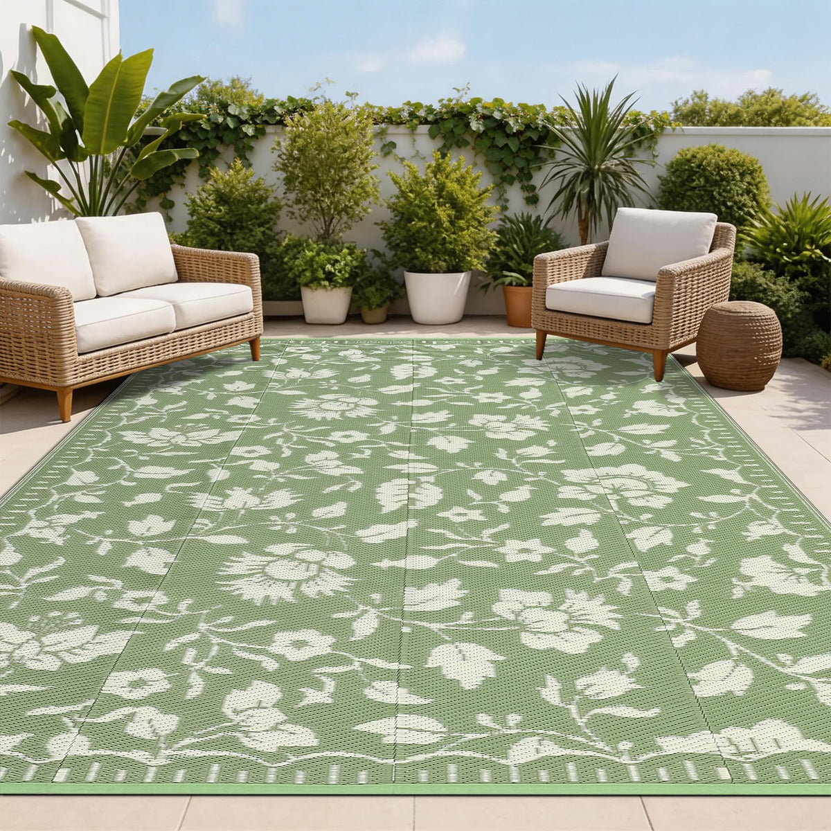Garvee 5x8 Outdoor Rug Waterproof Modern Plastic Straw Rugs, Black Grey
