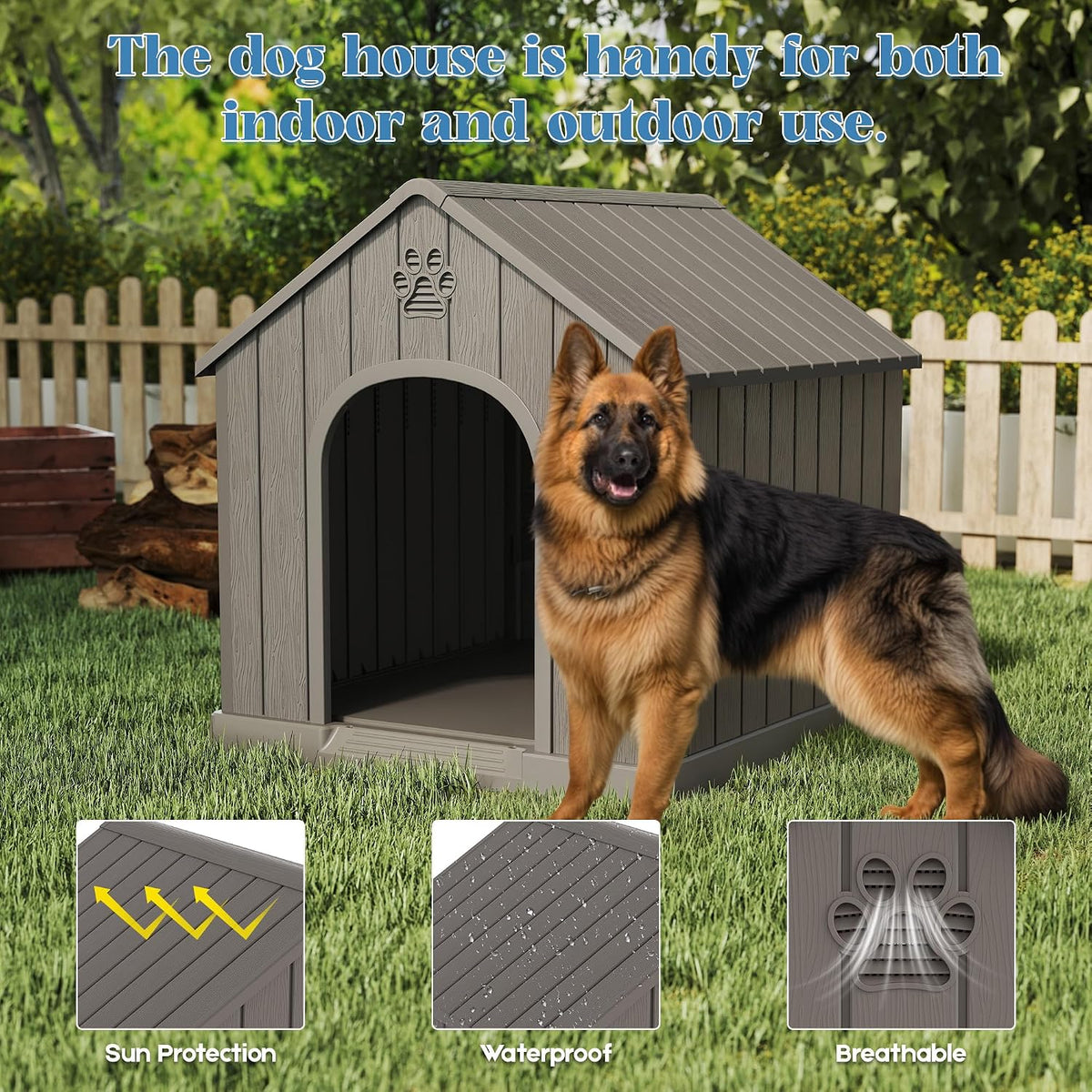 Fancyango Large Dog House Outdoor Indoor for Medium Large Dogs, Sturdy Plastic Waterproof Doghouse with Air Vents and Elevated Floor, Easy Clean and Assemble (Grey, 36.2''L×38''W×38''H)