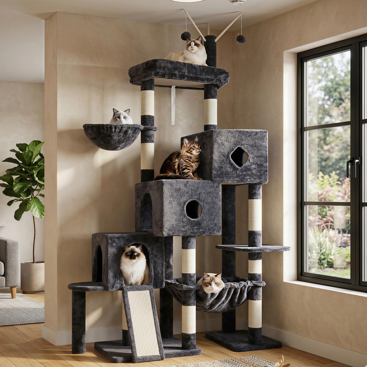 Hey-brother Cat Tree Tower with 3 Condos, Step Climbing Pathway MPJ081G