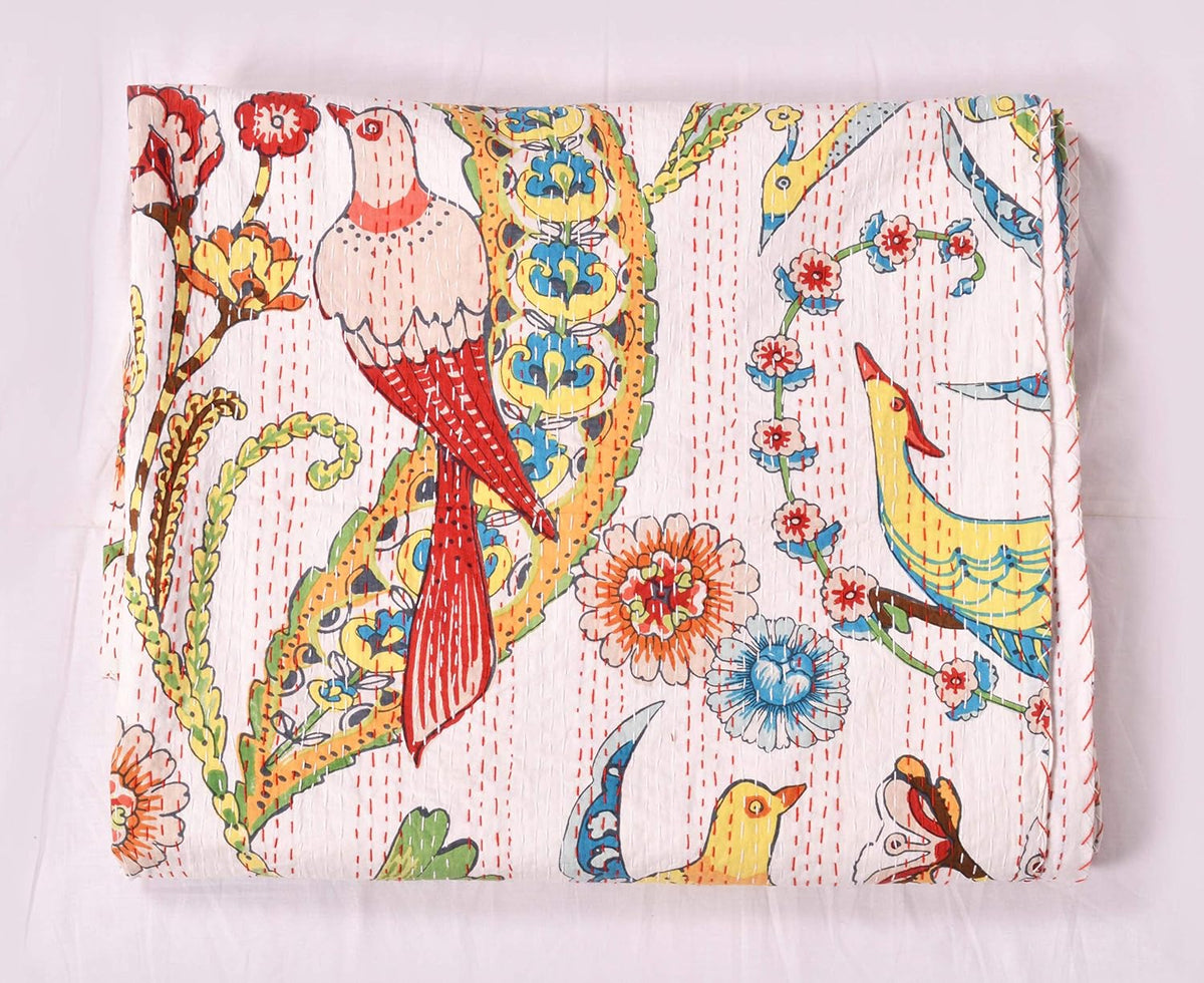 Indian Floral Print TwinQueen/King Size Kantha Quilt Kantha Blanket Bed Cover Kantha Bedspread Bohemian Bedding Kantha Blanket (Pink, Queen (U.S. Standard))