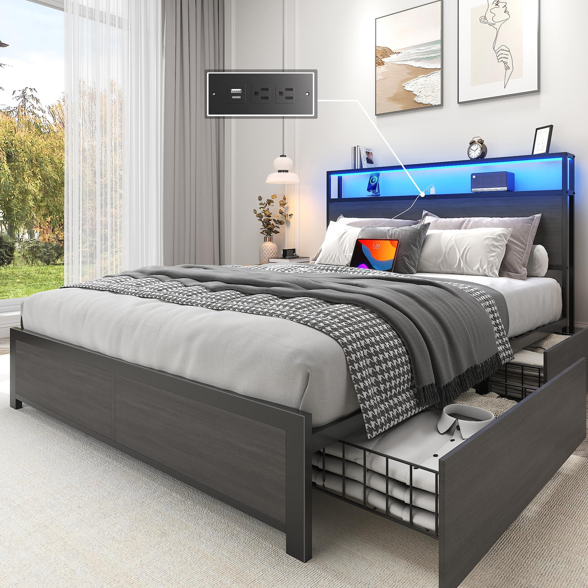 Lifezone Queen Bed Frame with 2-Tier Storage Headboard, Metal Platform Bed Frame with 4 Storage Drawers, Built in Charging Station & LED, Noise-Free/Metal Support/No Box Spring Needed, Rustic Grey