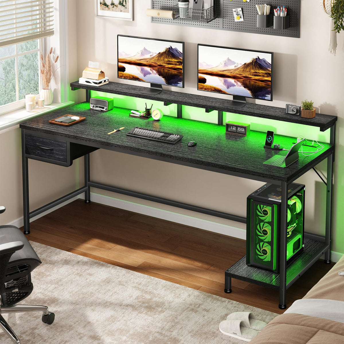 DurayLoly 47.2" Gaming Desk with Power Outlet and LED Lights,Bedroom,Black