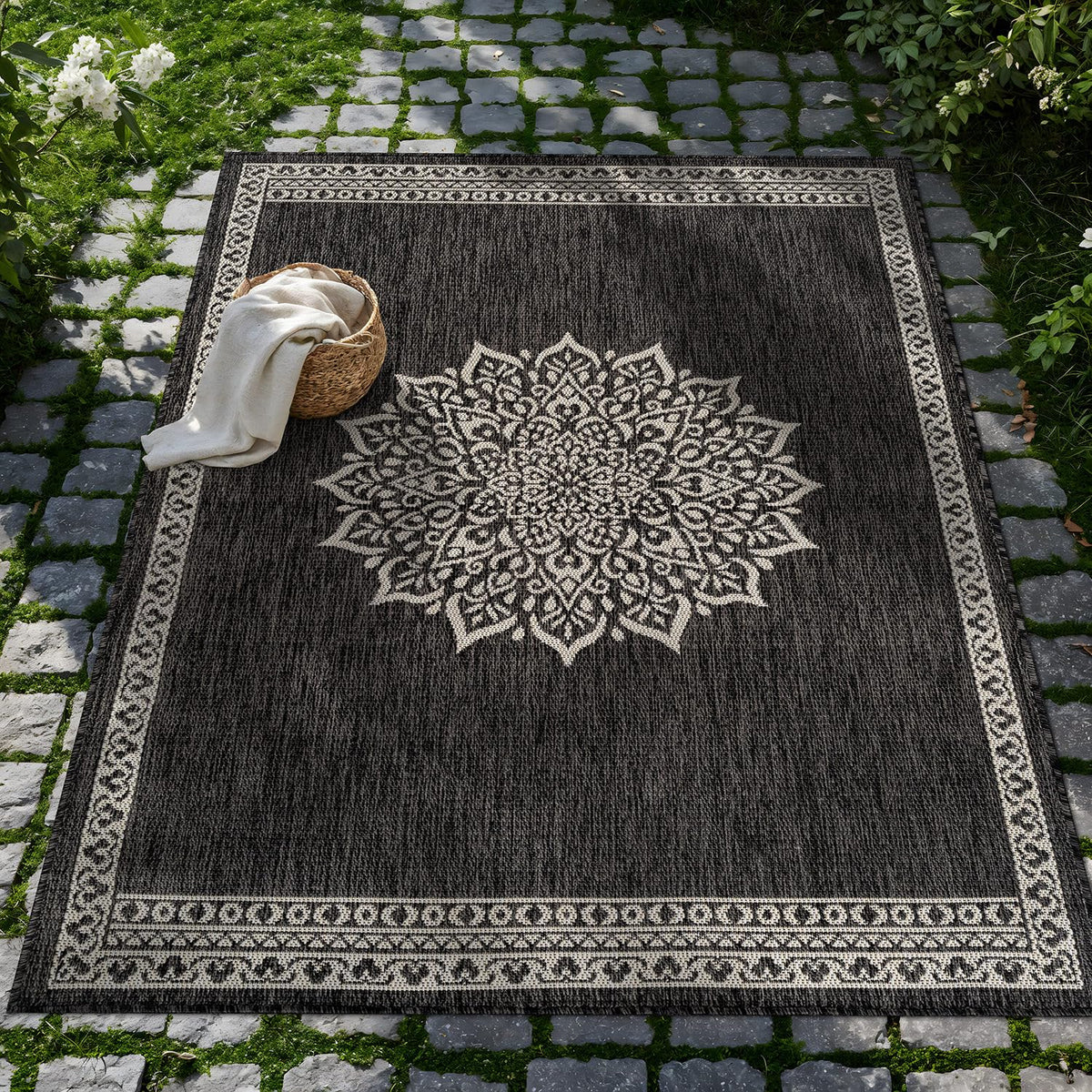 CAMILSON Outdoor Rug 6x9, Modern Outside Rugs for Patios Porches Waterproof Durable Washable Non-Shedding, Easy-to-Clean Indoor Outdoor Area Carpet (6 x 9, Bordered - Blue/White)