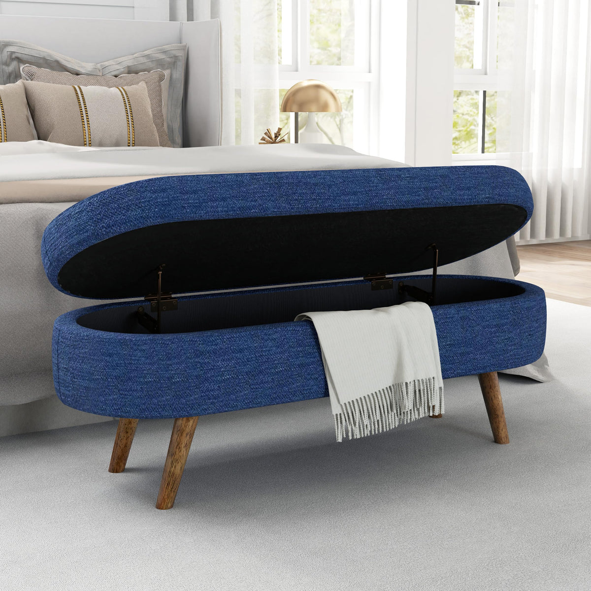 43.5" Ottoman with Storage, Storage Ottoman Bench with Safety Hinge, Bed End Bench, Upholstered Entryway Bench for Bedroom, Living Room & Window, Holds up to 330 lb, Beige