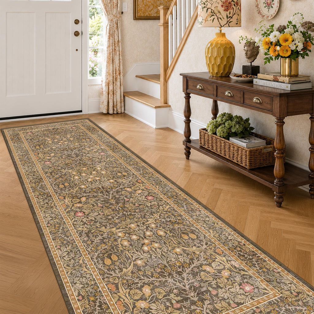 Floral Dark Green Washable Area Rugs 8x10, Vintage Living Room Rug