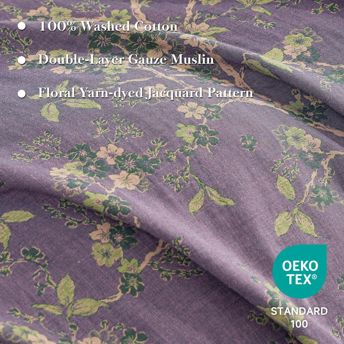 Simple&Opulence Muslin Duvet Cover Set King Size, 100% Washed Cotton 3 Pieces Yarn-Dyed Vintage Purple Floral Jacquard Textured Bedding, Soft & Breathable Gauze Comforter Cover with Zipper Closure