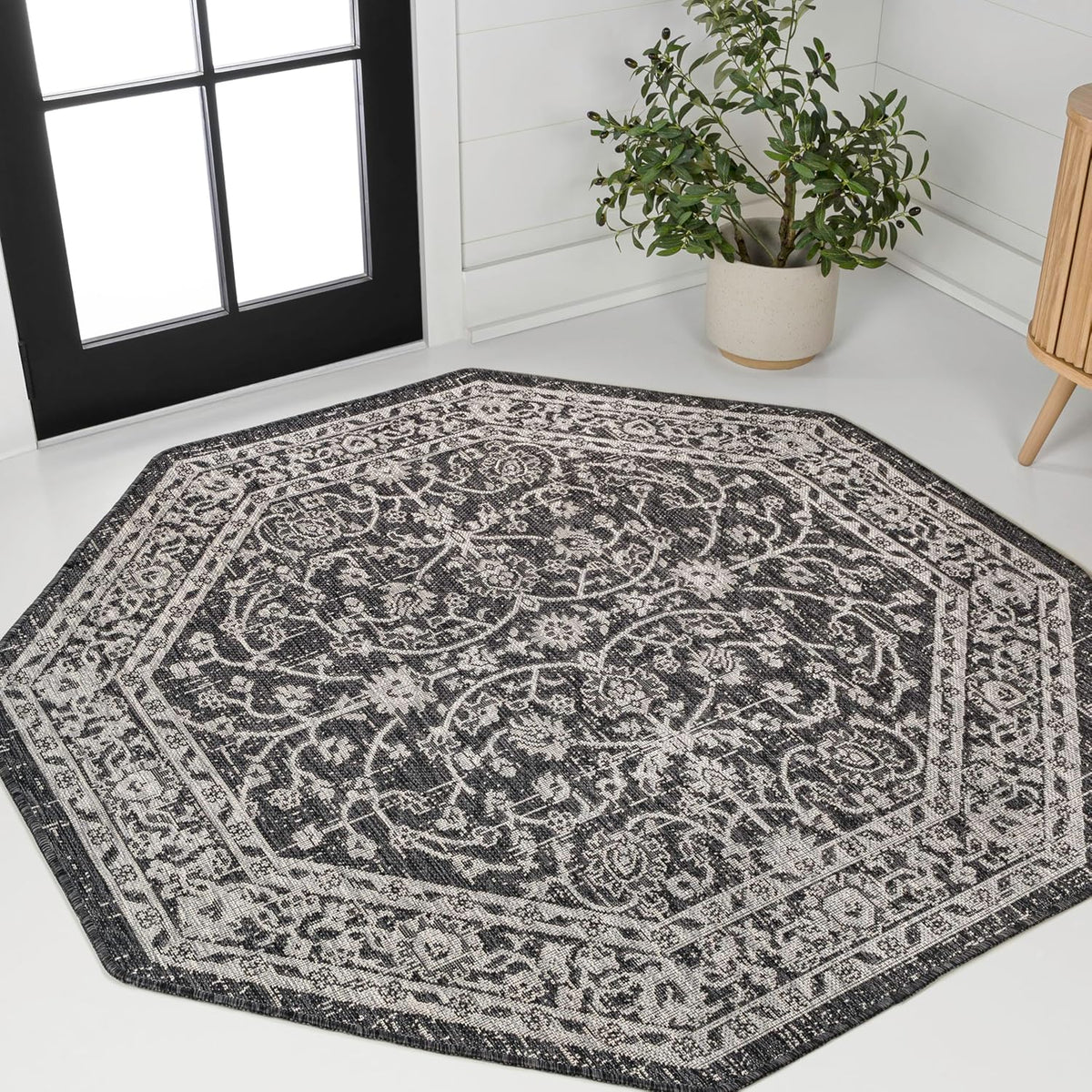 Eyely Vine and Border Octagon Area Rug 8 Ft Black/Gray, Indoor Outdoor Rug