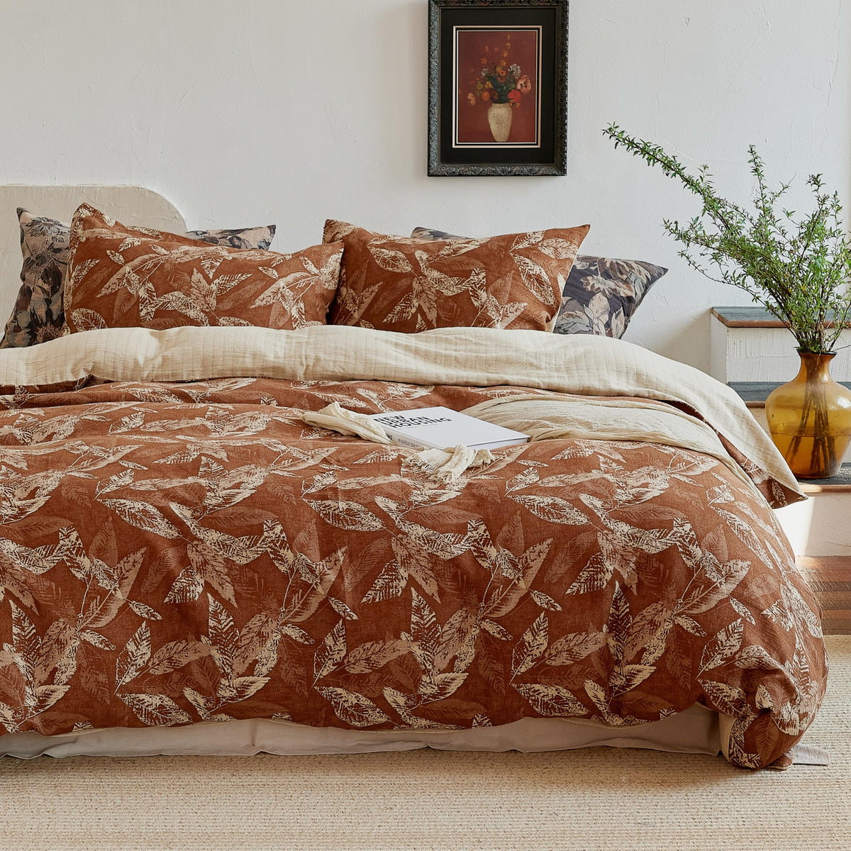 Simple&Opulence Muslin Duvet Cover Set King Size, 100% Washed Cotton 3 Pieces Yarn-Dyed Vintage Purple Floral Jacquard Textured Bedding, Soft & Breathable Gauze Comforter Cover with Zipper Closure