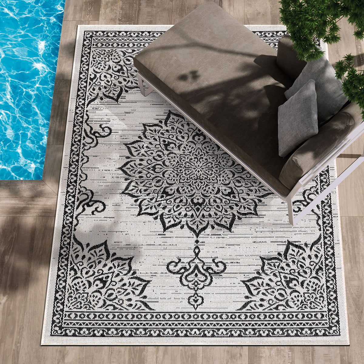 CAMILSON Outdoor Rug 6x9, Modern Outside Rugs for Patios Porches Waterproof Durable Washable Non-Shedding, Easy-to-Clean Indoor Outdoor Area Carpet (6 x 9, Bordered - Blue/White)