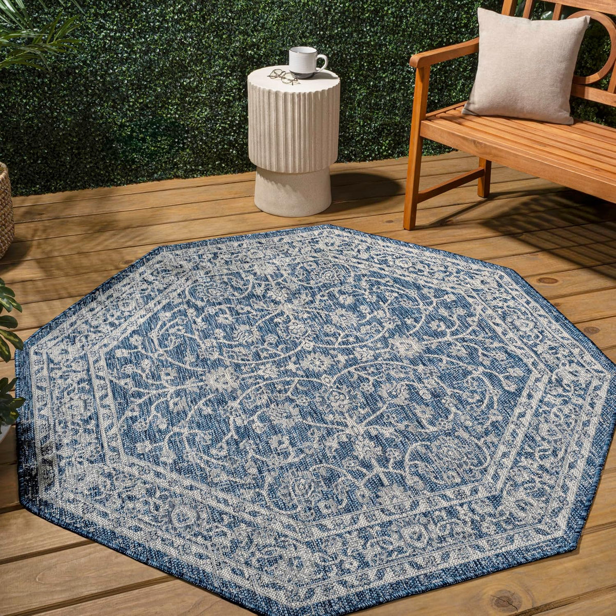 Eyely Vine and Border Octagon Area Rug 8 Ft Navy/Gray, Indoor Outdoor Rug