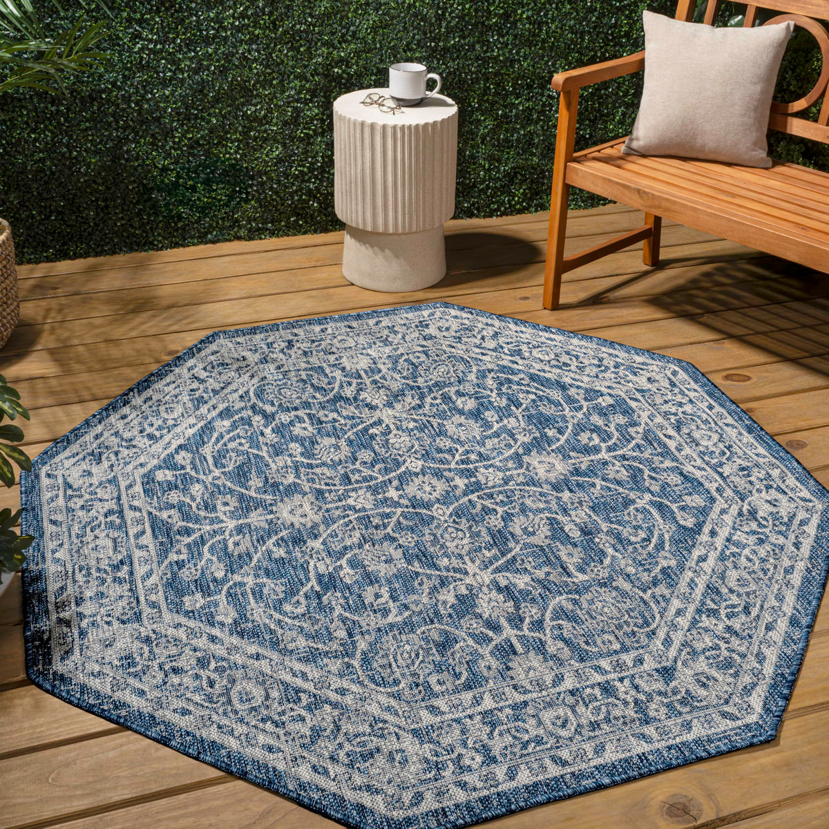 Eyely Vine and Border Octagon Area Rug 8 Ft Black/Gray, Indoor Outdoor Rug