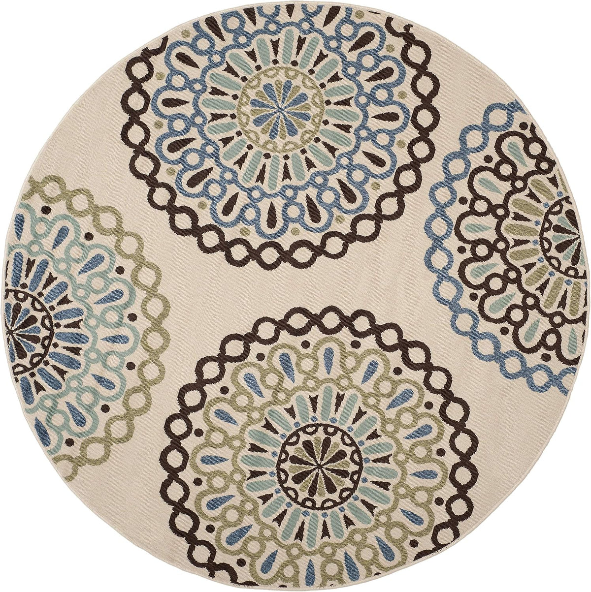 Safavieh Veranda Collection 6'7" x 6'7" Round Cream/Blue VER092 Boho Floral Indoor/Outdoor Non-Shedding Easy Cleaning Patio Backyard Porch Deck Mudroom Area Rug