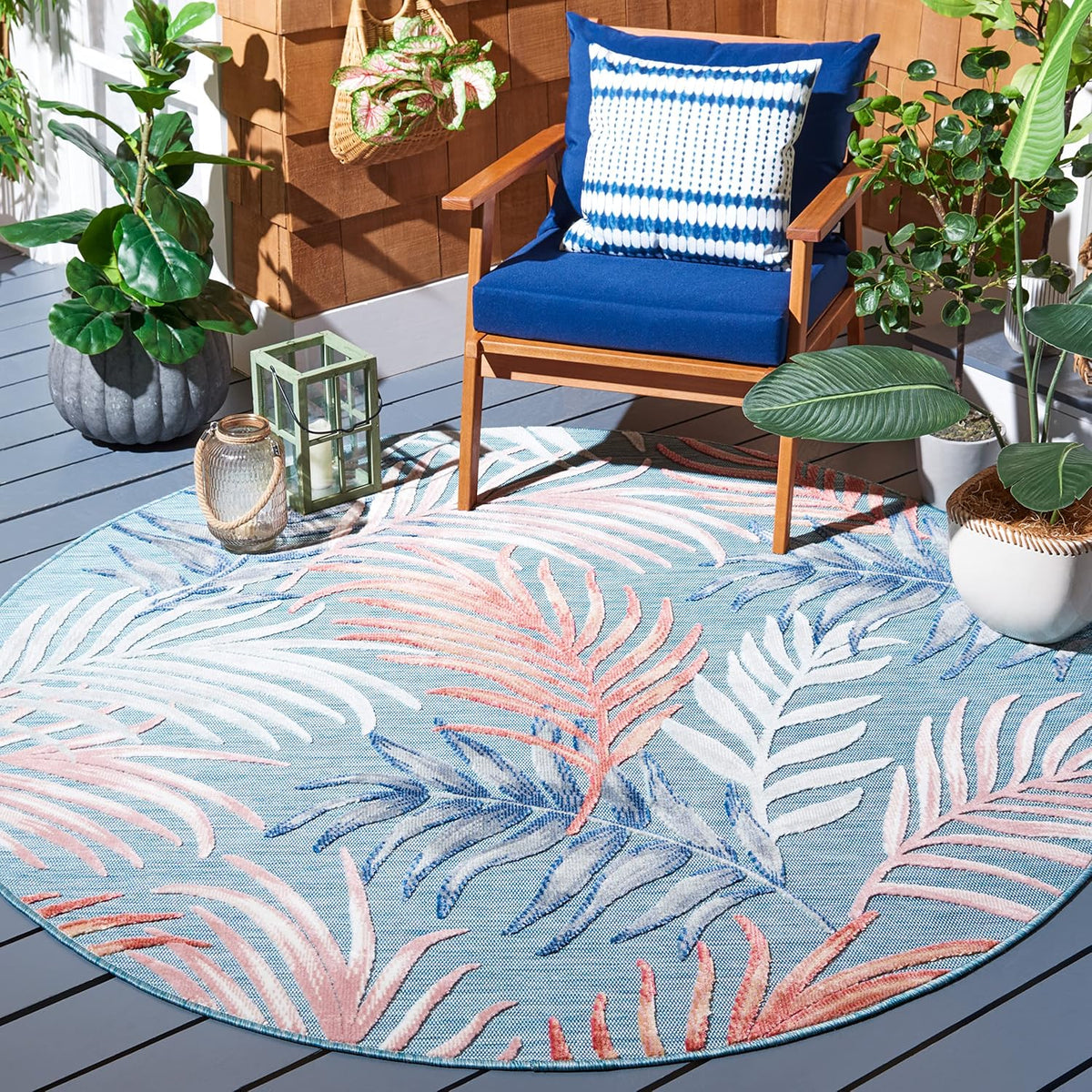 SAFAVIEH Washable Rug Outdoor Cabana Collection - 6'5" Round, Blue & Rust, Non-Shedding & Easy to Clean, Ideal for Patio, Backyard, Mudroom (CBN458M)
