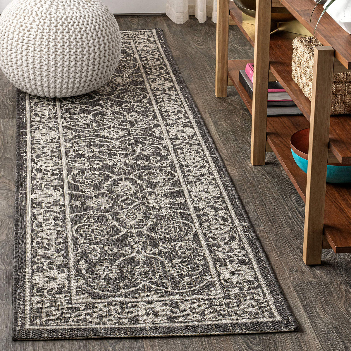 Eyely Vine and Border Octagon Area Rug 8 Ft Navy/Gray, Indoor Outdoor Rug