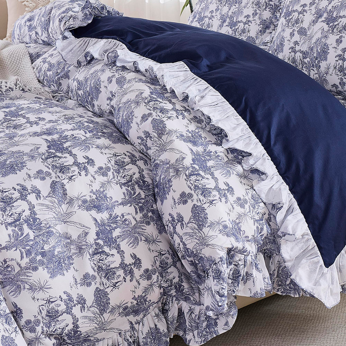 Brandream French Country Toile Queen Duvet Cover Set for Girl Women Bedroom Vintage Pink Toile Floral Print 100% Cotton Duvet Quilt Comforter Cover Pillow Shams Set with Delicate Ruffle Fringe