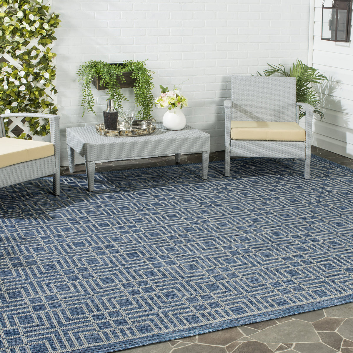 SAFAVIEH Washable Rug Outdoor Courtyard Collection - 8' x 11', Navy & Grey, Non-Shedding & Easy Cleaning, Ideal for Patio, Backyard, Mudroom (CY8467-36821)