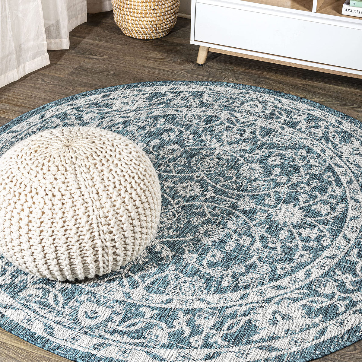 Eyely Vine and Border Octagon Area Rug 8 Ft Navy/Gray, Indoor Outdoor Rug