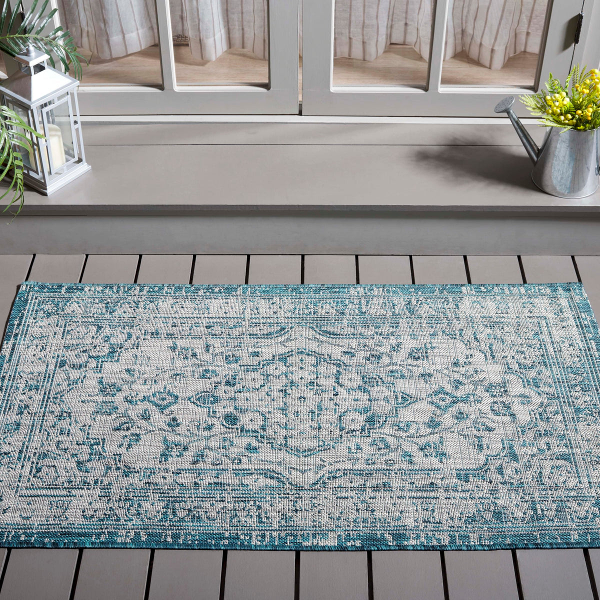 SAFAVIEH Washable Rug Outdoor Courtyard Collection - 6'7" x 9'6", Grey & Blue, Non-Shedding & Easy Cleaning, Ideal for Patio, Backyard, Mudroom (CY8231-37212)