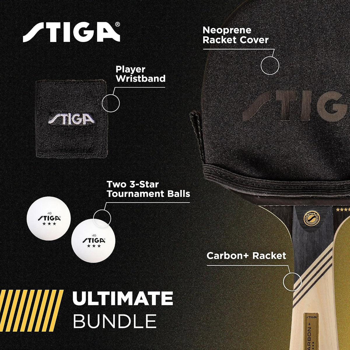 STIGA Carbon+ Bundle Ping Pong Paddle Set – 7-ply Extra Light Carbon Fiber Blade & Ping Pong Paddle Cover Premium, Heavy-Duty Vinyl Features Extra Padding for Enhanced Protection Fits