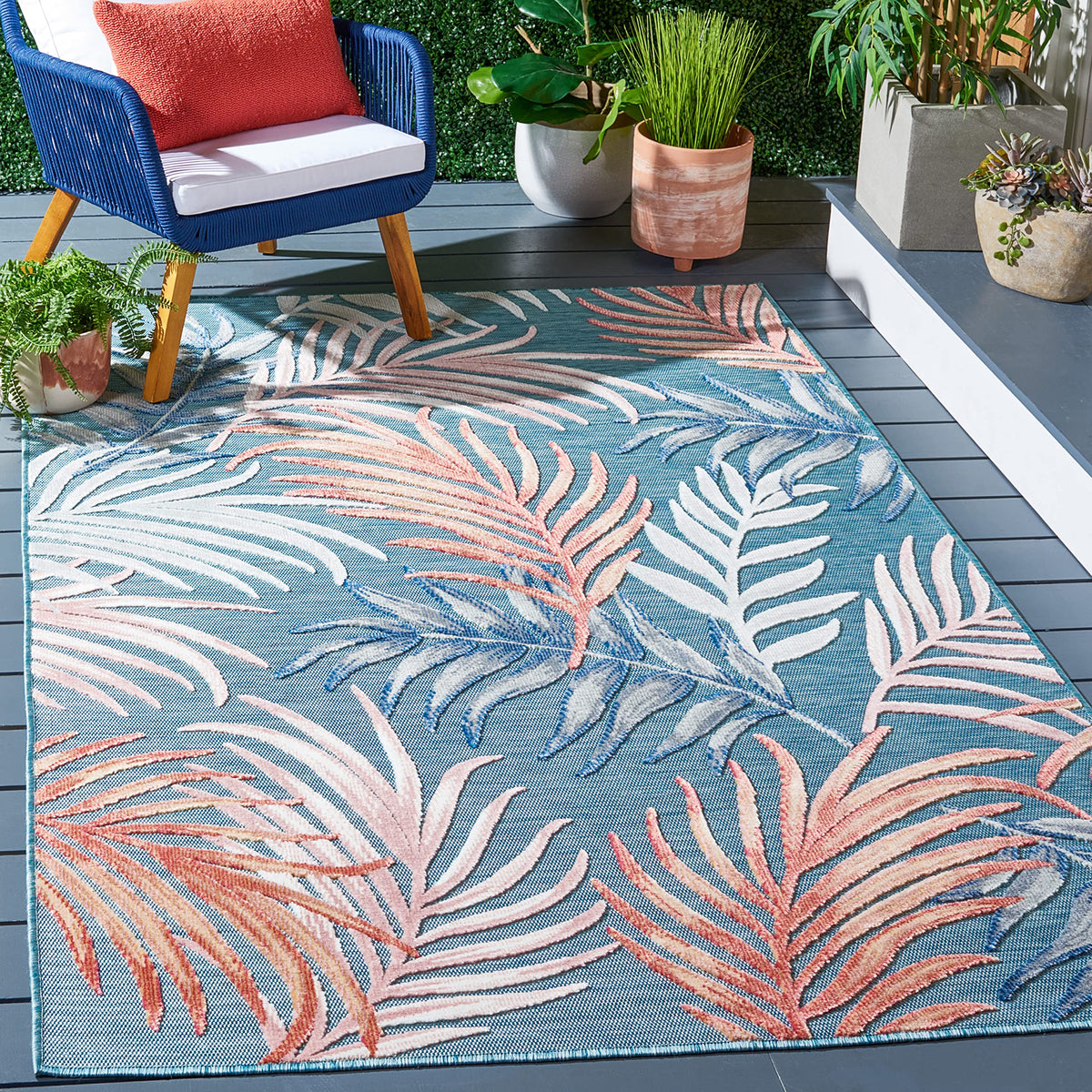 SAFAVIEH Washable Rug Outdoor Cabana Collection - 6'5" Round, Blue & Rust, Non-Shedding & Easy to Clean, Ideal for Patio, Backyard, Mudroom (CBN458M)