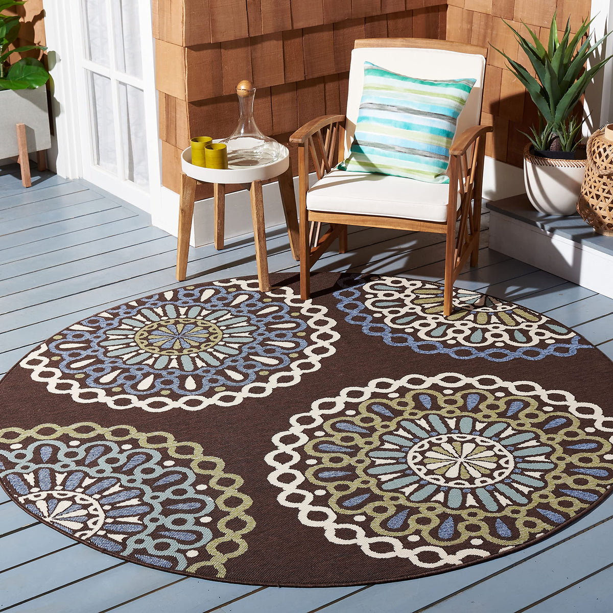 Safavieh Veranda Collection 6'7" x 6'7" Round Cream/Blue VER092 Boho Floral Indoor/Outdoor Non-Shedding Easy Cleaning Patio Backyard Porch Deck Mudroom Area Rug