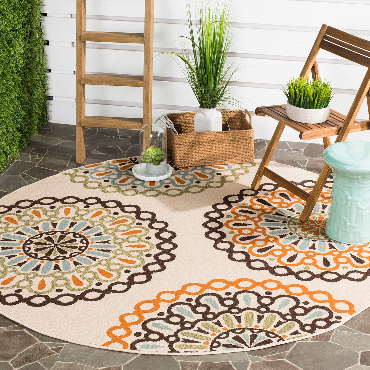 Safavieh Veranda Collection 6'7" x 6'7" Round Cream/Blue VER092 Boho Floral Indoor/Outdoor Non-Shedding Easy Cleaning Patio Backyard Porch Deck Mudroom Area Rug