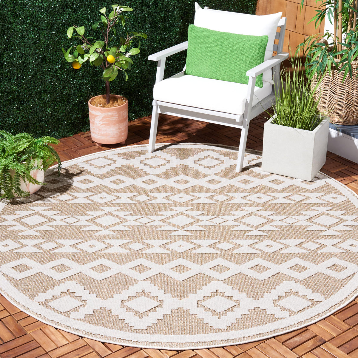 SAFAVIEH Washable Rug Outdoor Global Collection - 5'3" x 7'6", Beige & Dark Beige, Non-Shedding & Easy to Clean, Ideal for Patio, Backyard, Mudroom (GLB210B)