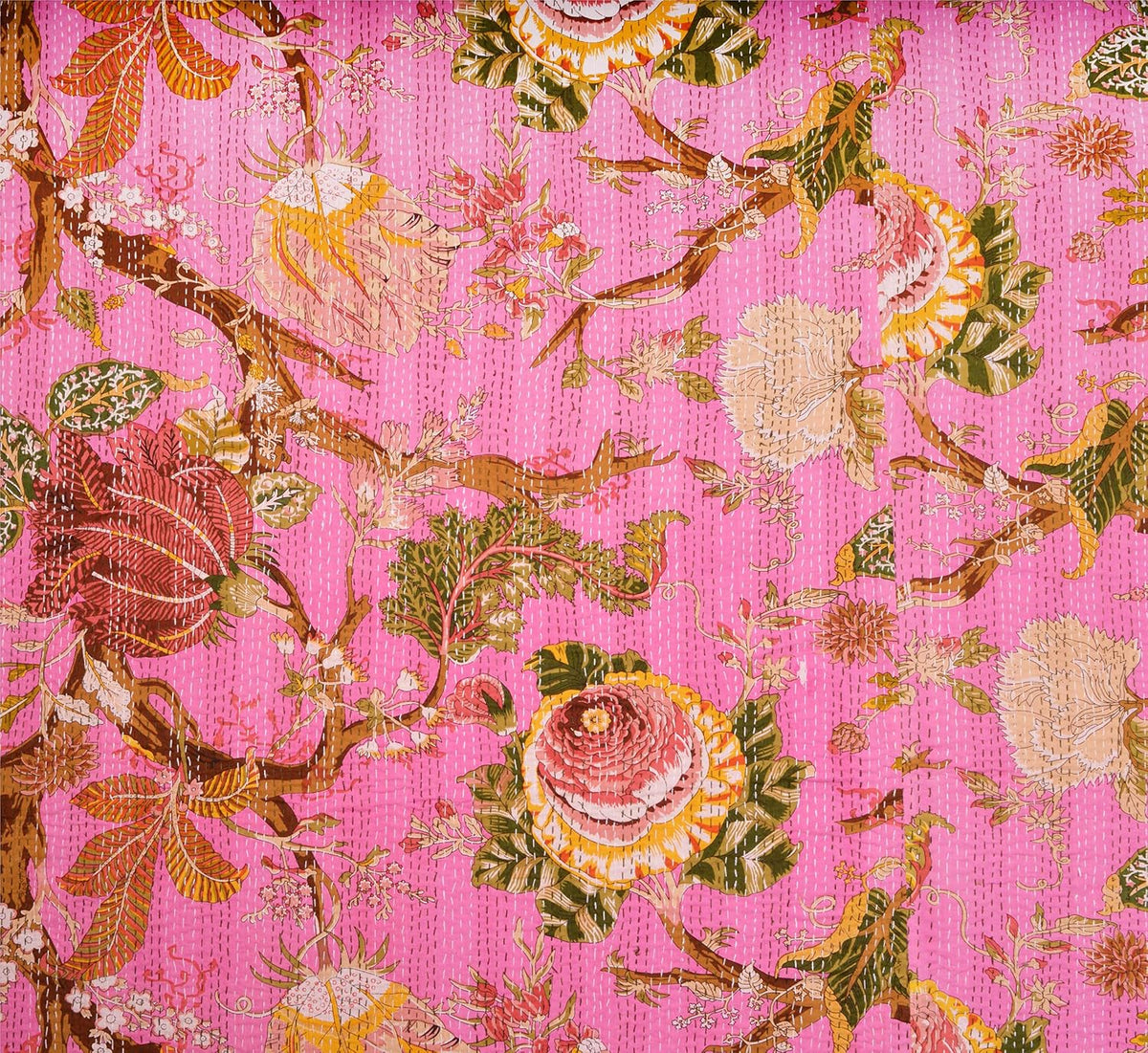 Indian Floral Print TwinQueen/King Size Kantha Quilt Kantha Blanket Bed Cover Kantha Bedspread Bohemian Bedding Kantha Blanket (Pink, Queen (U.S. Standard))