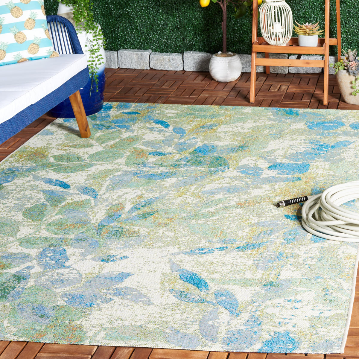 SAFAVIEH Washable Rug Outdoor Barbados Collection - 8' x 10'5", Blue & Ivory, Non-Shedding & Easy to Clean, Ideal for Patio, Backyard, Mudroom (BAR594M)