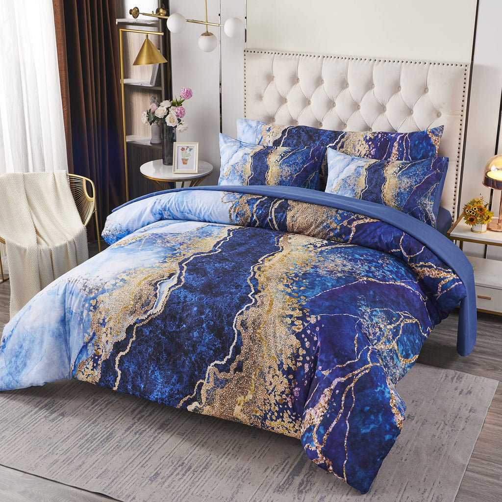 PERFEMET 6 Piece Teal King Size Comforter Set Watercolor Marble Bedding Set
