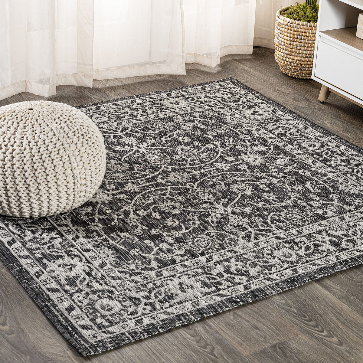 Eyely Vine and Border Octagon Area Rug 5 Ft Black/Gray, Indoor Outdoor Rug