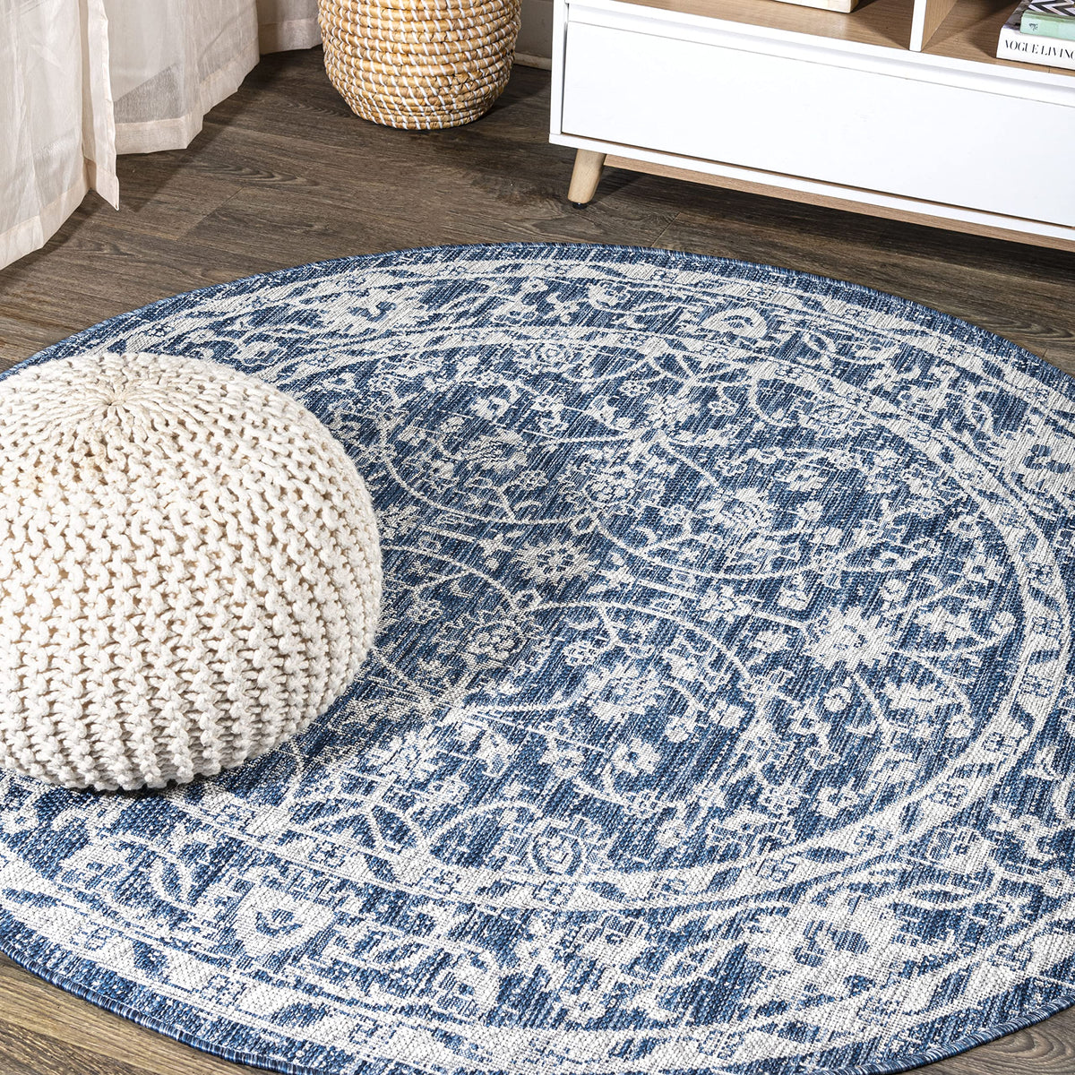 Eyely Vine and Border Octagon Area Rug 8 Ft Navy/Gray, Indoor Outdoor Rug