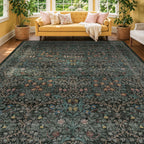 Floral Dark Green Washable Area Rugs 8x10, Vintage Living Room Rug