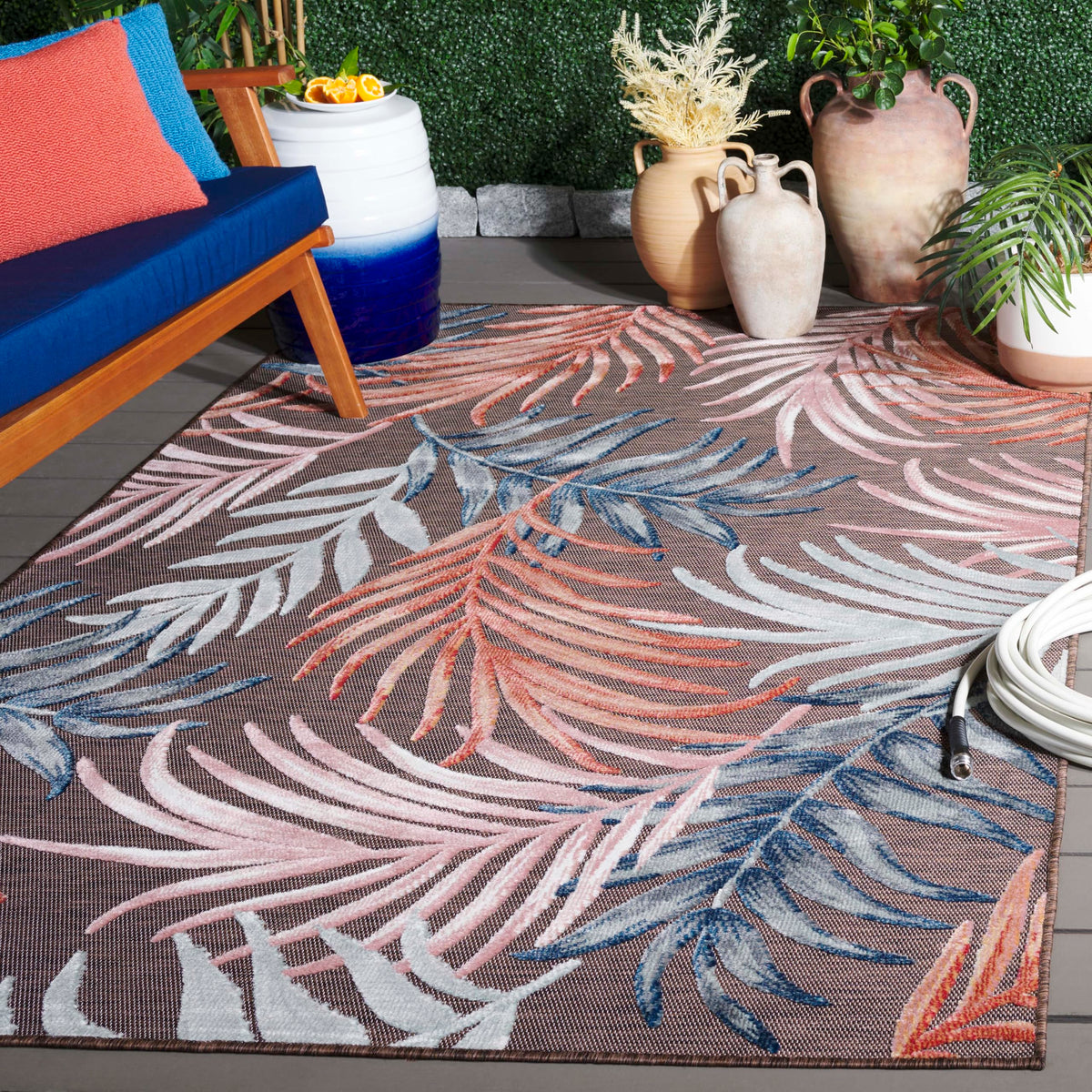 SAFAVIEH Washable Rug Outdoor Cabana Collection - 6'5" x 9'6", Blue & Rust, Non-Shedding & Easy to Clean, Ideal for Patio, Backyard, Mudroom (CBN458M)