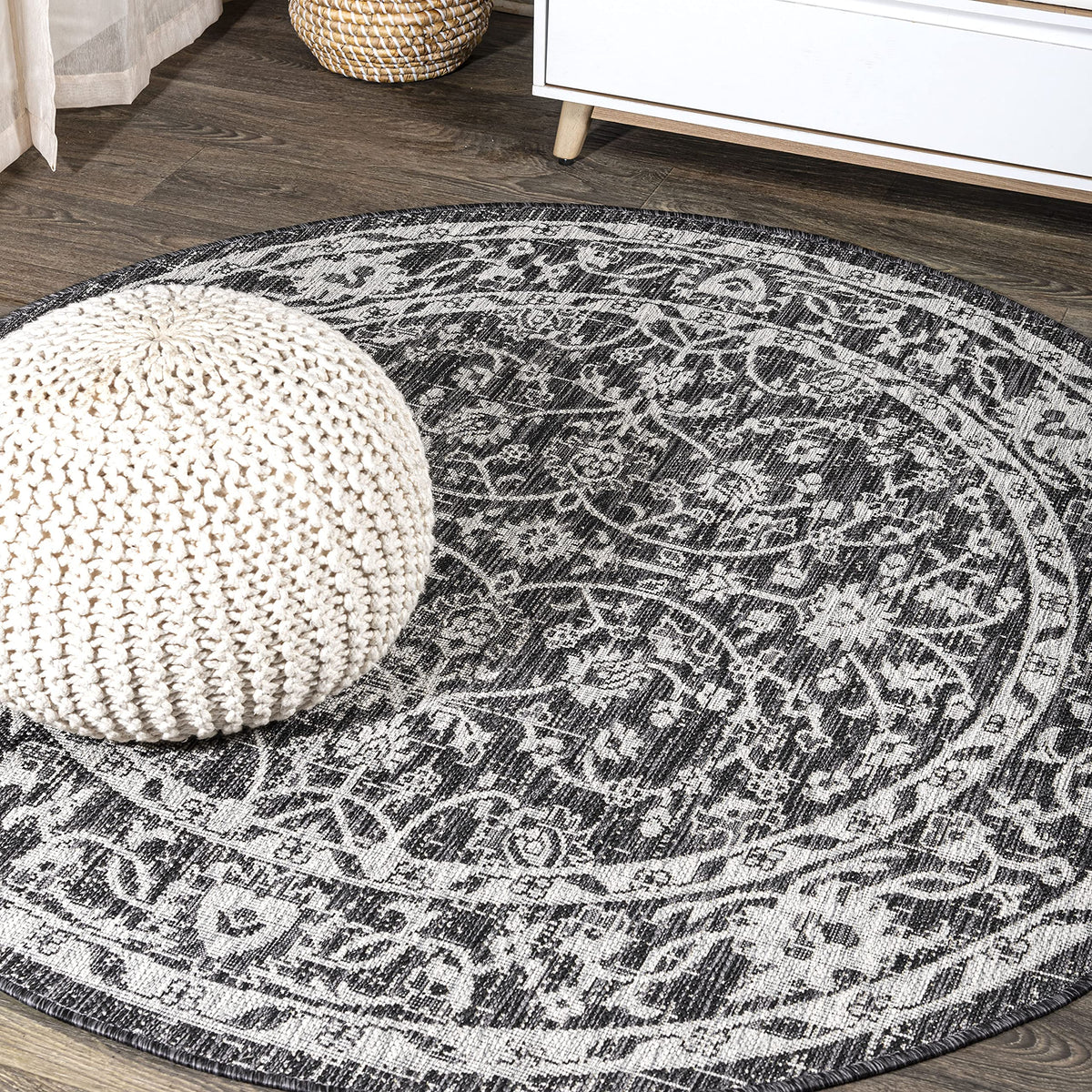 Eyely Vine and Border Octagon Area Rug 5 Ft Black/Gray, Indoor Outdoor Rug